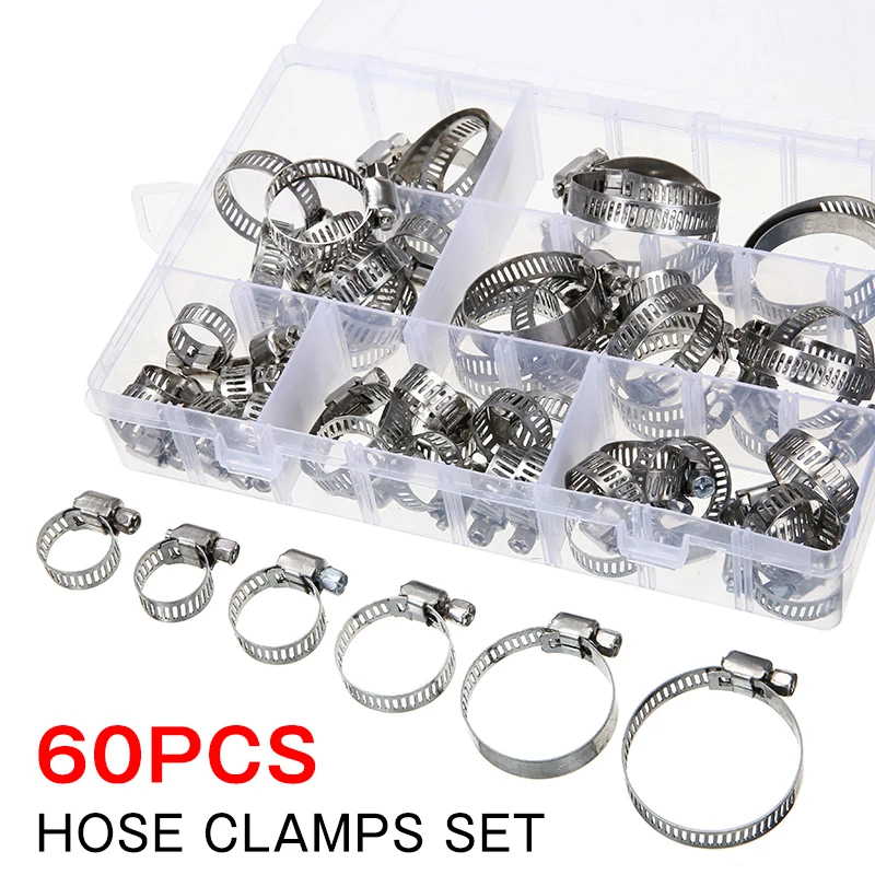 

60pcs Stainless Steel Hose Clamps Set Adjustable Worm Gear Clips Assortment High Qulity Reusable 7 Sizes Fuel Hose Clips Kit