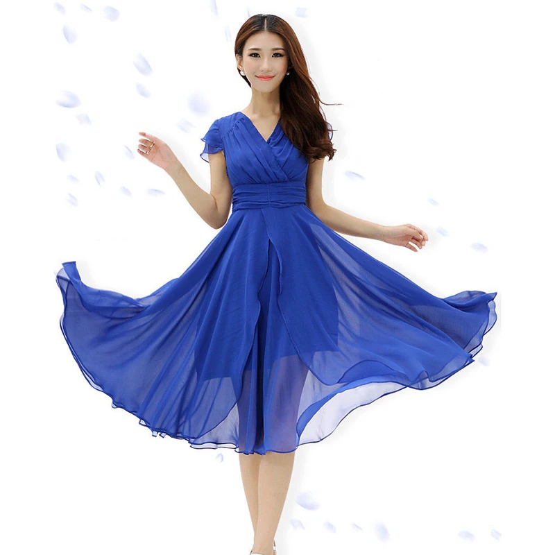 

2021 Summer New Women's Short Sleeve Waist Show Temperament Chiffon Solid Color Dress Slim Large Bridesmaid Dress