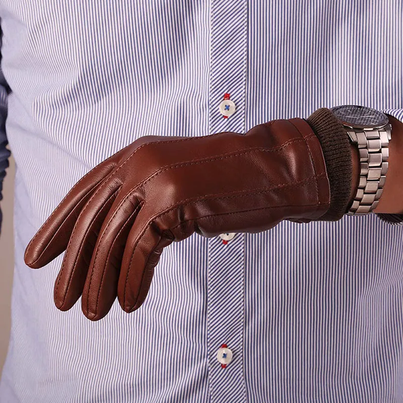 Модные мягкие мужские меховые перчатки с пальцами, мужские кожаные перчатки из натуральной кожи, весенне-Осенние теплые перчатки для мужчин ST05508