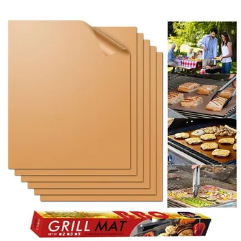 

5pcs BBQ Grill Mat Copper Non-stick Barbecue Baking Liners Reusable Cooking Sheets PTFE Bakeware Sheet Easy Clean