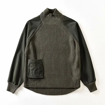 

Pullover loose high neck long sleeve contrast stitching knitted sweater