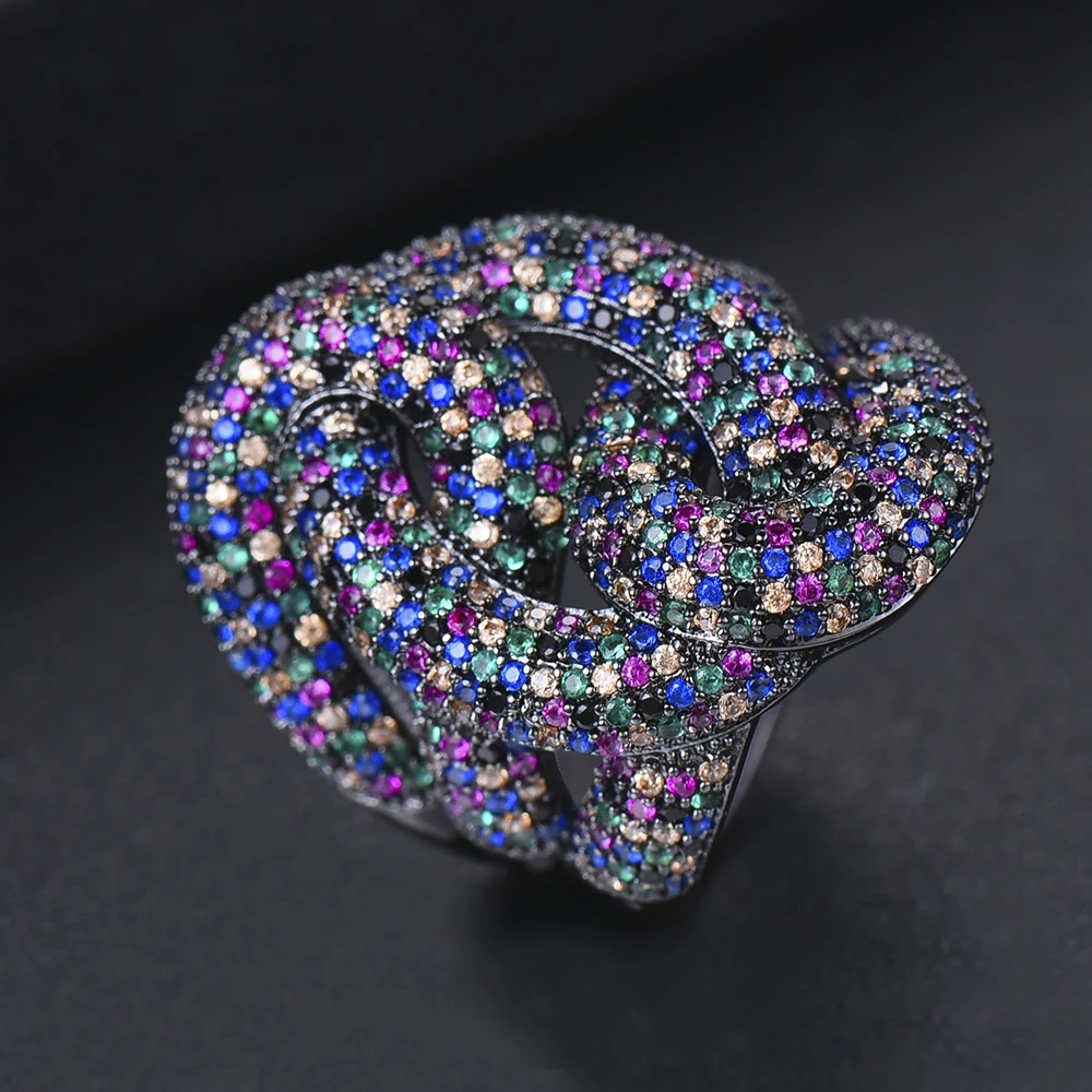 LARRAURI New Luxury Cubic Zircon African Bride Dubai Finger Ring Braided Chic Rings for Women Wedding Jewelry Accessories
