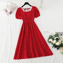 

Elegant Polka Dot Women Dress Female Casual Puff sleeve Office Chiffon Dot Print Dresses A-line Vintage Sweet Clothing dress