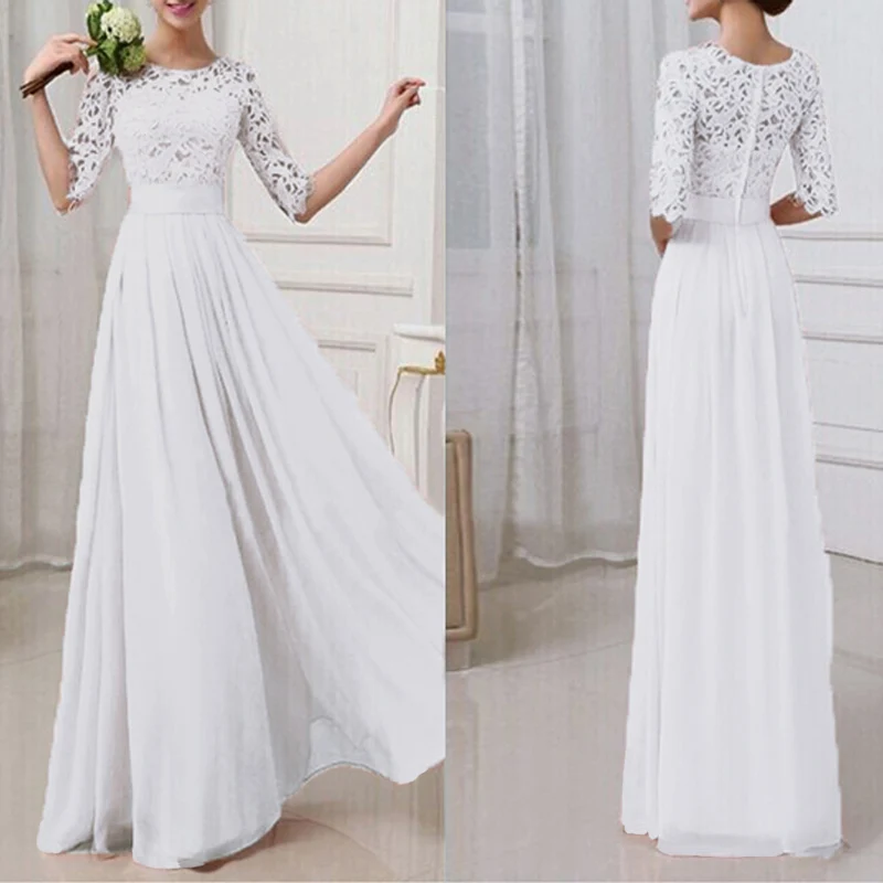 2XL размера плюс длинные платья макси женское шифоновое кружевное платье длинные платья рождественское платье элегантные свадебные платья для женщин - Цвет: Белый