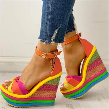

2020 Summer Women High heel Open Toed Sandals Mixed Colors Rainbow Platform Wedge Shoes Ankle-Wrap Gladiator Beach Sandals