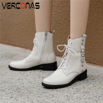 

VERCONAS Popular Woman Ankle Boots Fashion Metal Decoration Rivets Genuine Leather Autumn Winter Casual Zipper Short Boots Woman