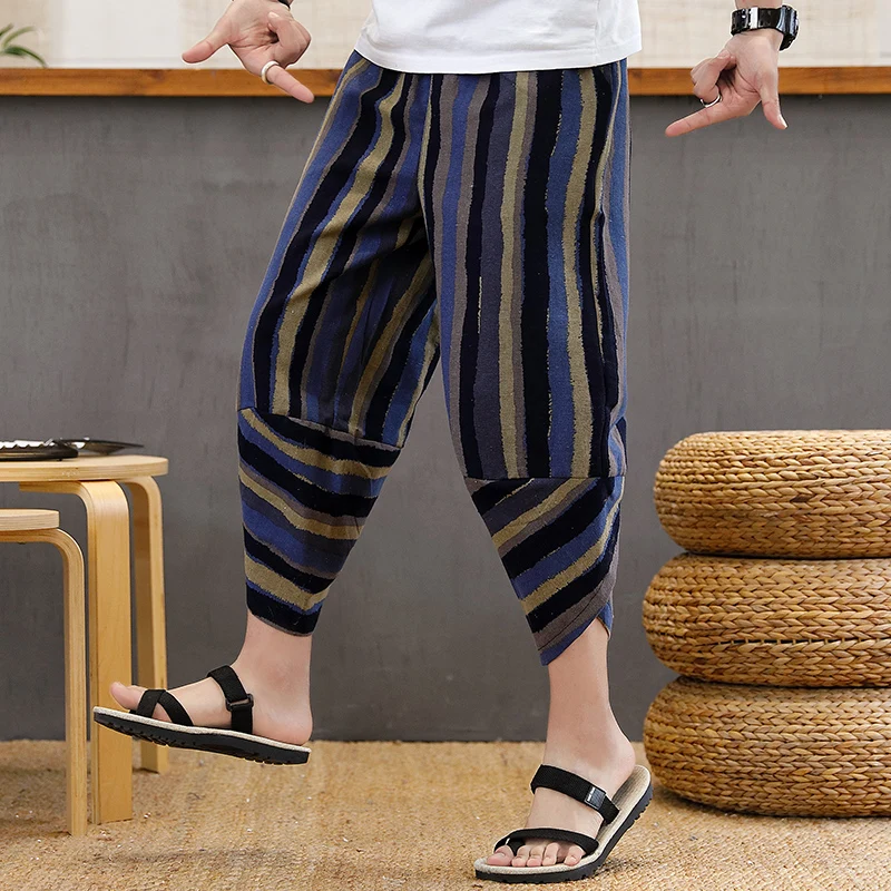 Summer Men's Cotton Linen Shorts Harem Pants Elastic Waist Wide Leg Pants Vintage Plaid Printed Trousers Male Loose Pantalon 5XL best casual shorts for men Casual Shorts