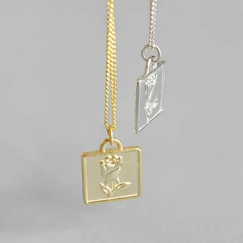 

Gold Square Rose Flower Necklaces & Pendants For Women 2018 New Trend 100% 925 Sterling Silver Fashion Jewelry 925-288