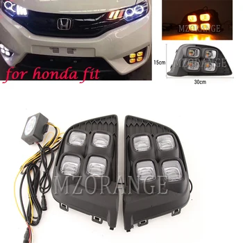 

1 pair Daytime Running Lights Fog Lamps For Honda Jazz Fit 2014 2015 2016 2017 Turn Yellow Signal Relay Waterproof Car DRL LED