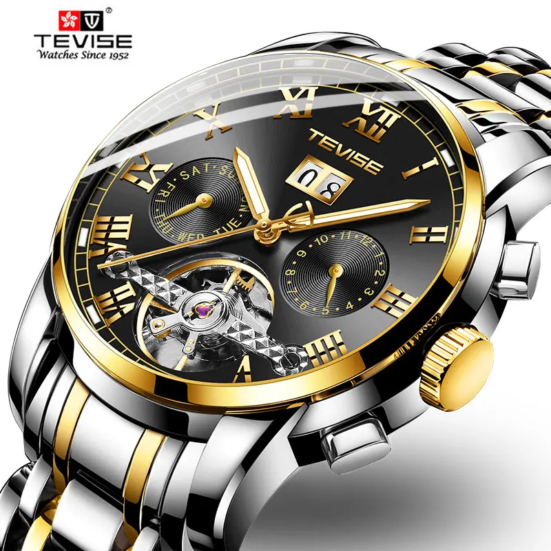 

TEVISE Mens Gold Watch Fashion Luxury Wristwatch Waterproof Self-automatic Mechanical Watch Luminous Business relogio Watch