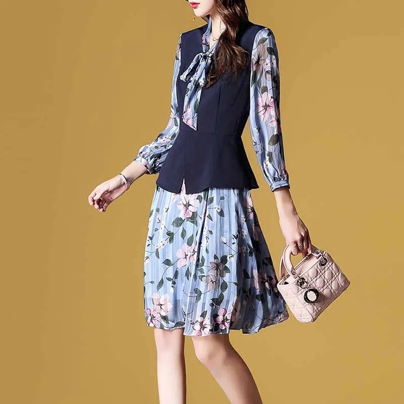 

Ozhouzhan 2019 Spring New Style WOMEN'S Dress Joint Mock Two-Piece Bow Printed Chiffon Dress-