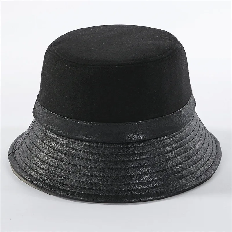 USPOP New fashion hats for winter women bucket hats flat top wide brim bucket hats patchwork PU brim wool hats