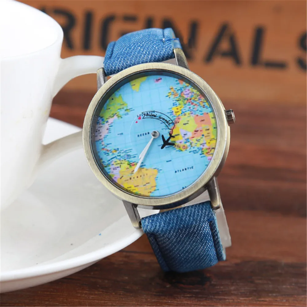 

Ladies Watch World Map Quartz Watch Men Map Airplane Travel Around The World Women Leather Dress Wrist Watches