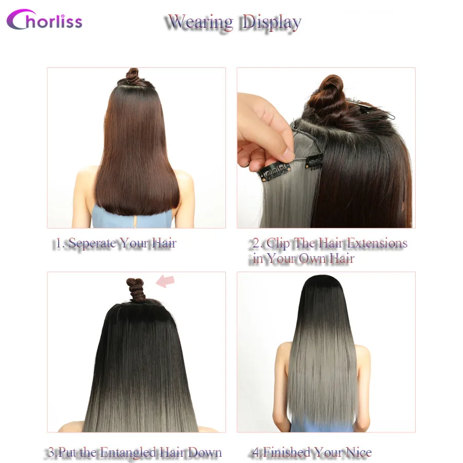 Synthetic Long Straight Women Clip in Hair Extensions 22" Fake False Hair Pieces Black Brown Blonde Purple Styling 7Pcs