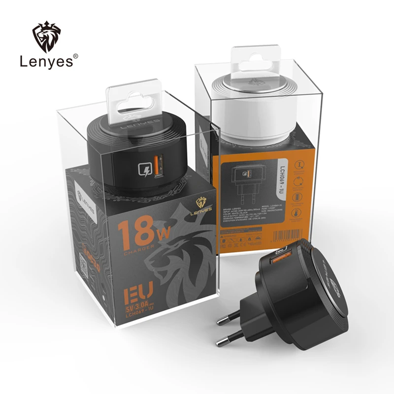 Быстрое зарядное устройство Lenyes QC3.0, штепсельная вилка европейского стандарта, зарядный адаптер с зарядным кабелем для России, Европейское 18 Вт одиночное безопасное зарядное устройство USB s LCH069