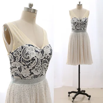 

MACloth Ivory Short V Neck Knee-Length Midi Crystal Tulle Prom Dresses Dress XL 265029 Clearance