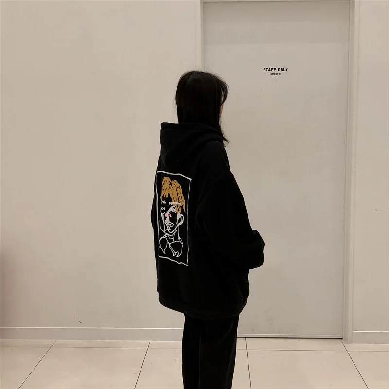 Корейский ulzzang Harajuku Забавный мультяшный принт с капюшоном плюс бархатная Толстовка Осенняя Новая модная свободная с капюшоном Повседневная Женская толстовка