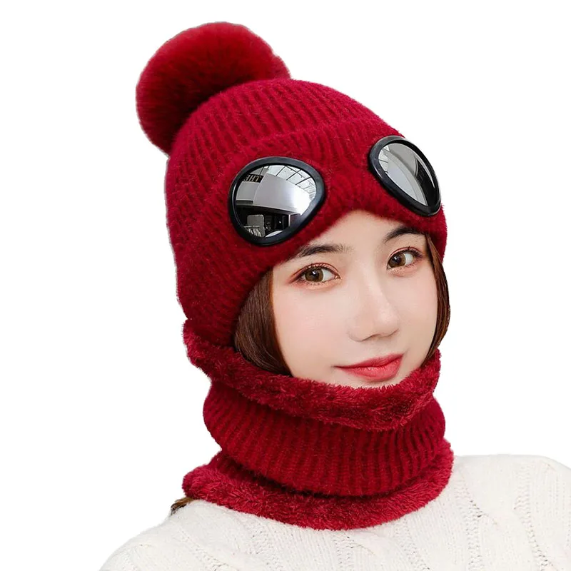 5 цветов вязаное, тёплое, зимнее шапочки Skullies Съемная Лыжная Шапочка с очками для мужчин и женщин Кепка для занятий спортом на открытом воздухе комплект из 2 предметов