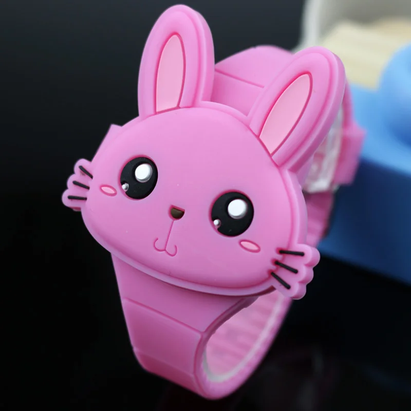 Lovely Rabbit Cartoon Children Watches Flip Cover Rubber Electronic Kids Watch for Boy Student Girls