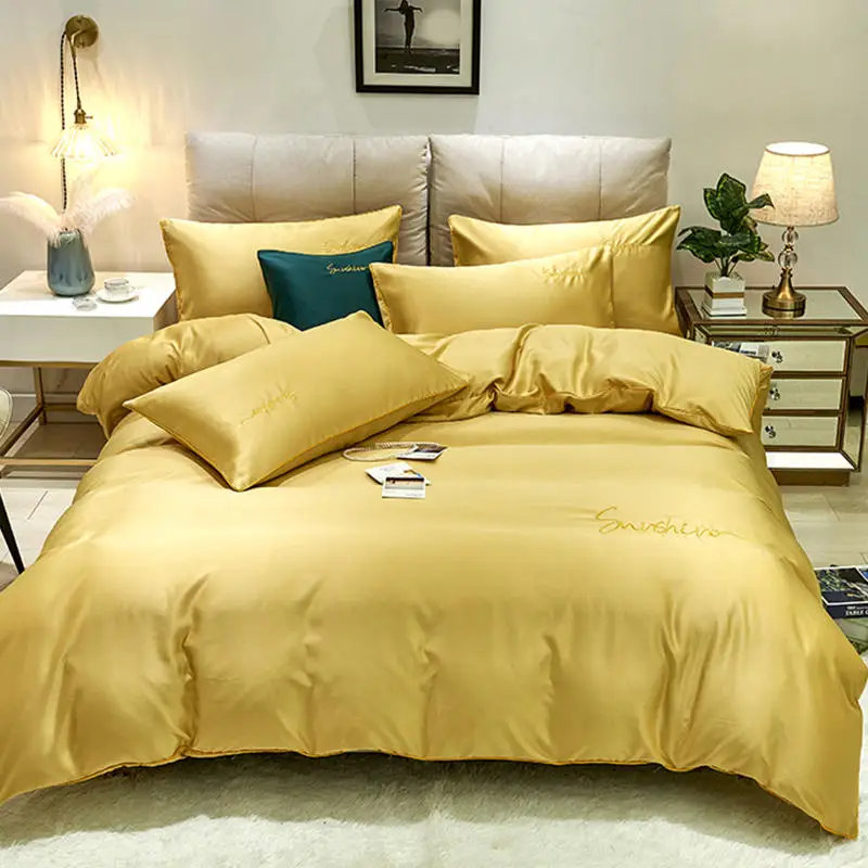 

Solid Color Egyptian Cotton Duvet Cover Bed/Flat sheet set Long Staple Sateen Weave Silky Soft Breathable Bedding set Yellow