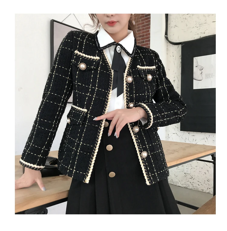 autumn vintage women plaid patchwork fashion tweed jackets OL single breasted v-neck twisted brim Elegant coats y411