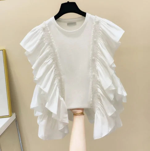 

Woman Tshirts Harajuku Ruffles T Shirts Female Summer Top New Ruffle Chiffon Stitching Sleeveless Pure Cotton T-shirt Ladies Top