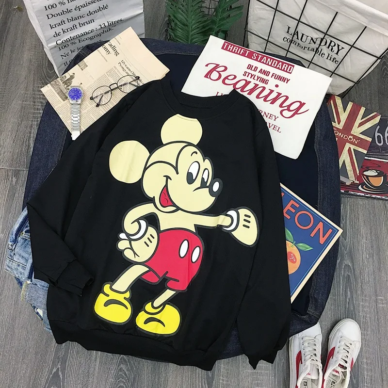 

Women Autumn Cartoon Sweatshirts Long Sleeve Mickey Pinted Casual Loose Hoodies Sweatshirt Plus Size Clothes Winter Tops Black