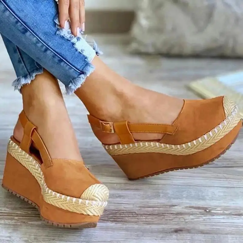 Sandalias de ante con costuras tejidas y punta redonda para mujer, zapatos de tacón alto, elegantes y sexys, de moda, 6KF055