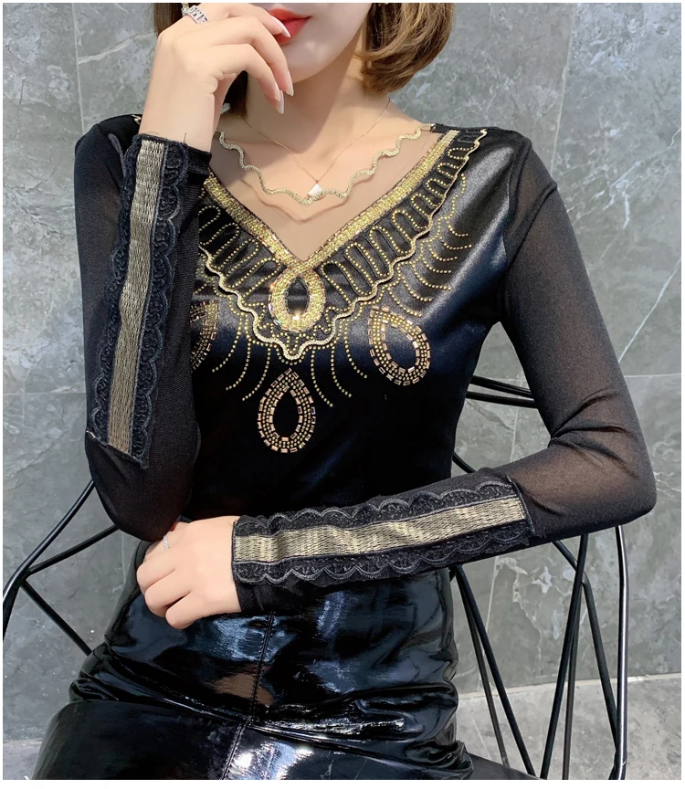 Poleras mujer de moda модная леопардовая футболка с длинным рукавом, женская рубашка с v-образным вырезом размера плюс, горячая Распродажа, футболка с бриллиантами, camiseta mujer