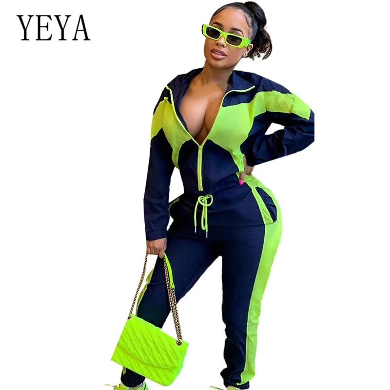 

YEYA New Patchwork Two Pieces Sets Long Sleeve Hollow Out Playsuits Elegant Splicing Zipper Sports Leisure Tracksuit Jumpsuits