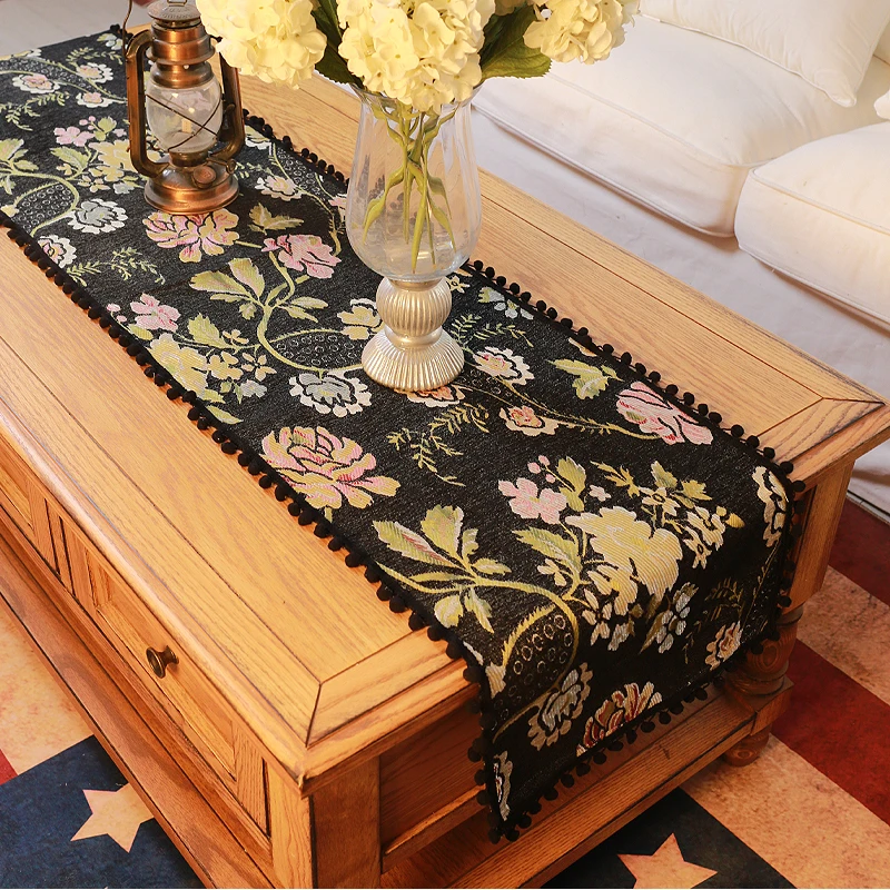 

American country retro flowers black table runner decorative towel for TV cabinet cover towel pompom fringe dust proof