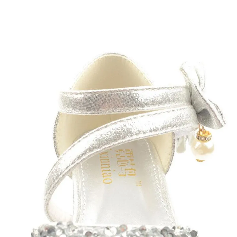 Children Girls Sandals High Heels Glitter Bowtie Party Shoes