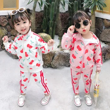 

Spring and autumn new children's cherry print suit girl baby Korean fashion outerwear two-piece sportswear children's clothes