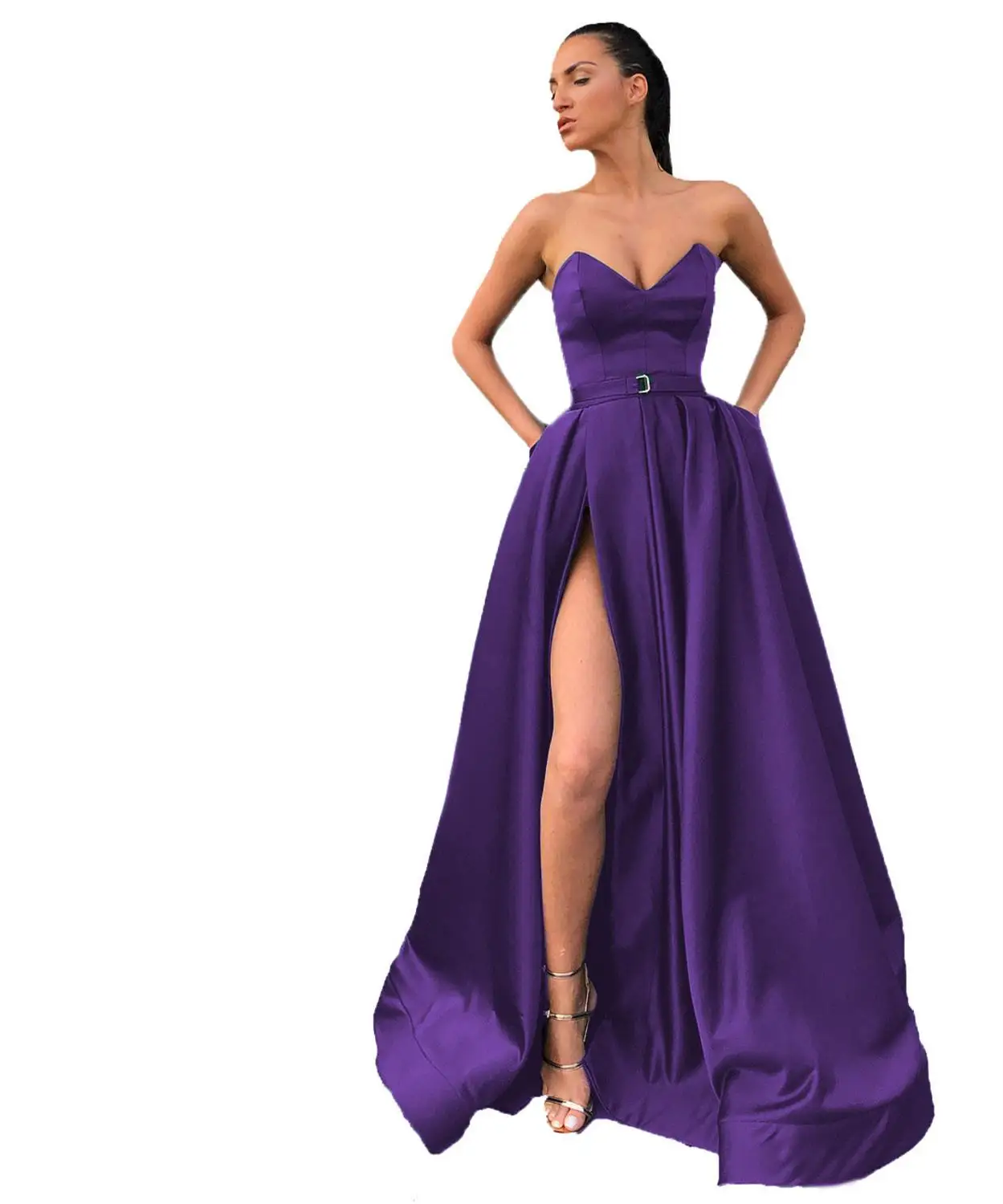 Grape HONGFUYU милое ТРАПЕЦИЕВИДНОЕ сатиновое бальное платье Изумрудное vestido de Baile с разрезом без рукавов vestido de festa Longos Выпускные платья - Цвет: Grape