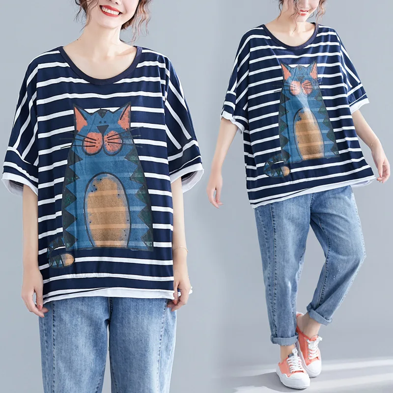

2019 Summer Wear New Style Korean-style Literature And Art Stripes Printing Short-sleeved T-shirt Fat Mm Slimming Comfortable Cr