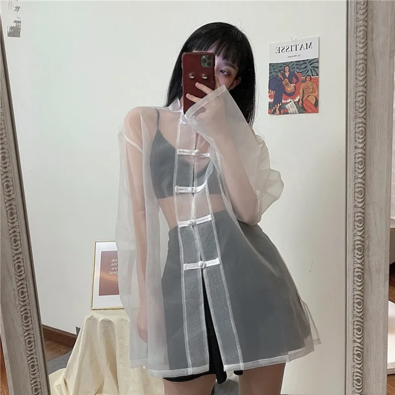Chinese Style Blouse Harajuku Hanfu Women Clothing China Tops Tang Suit Vintage Net Yarn Transparent Blusas Mujer Streetwear New