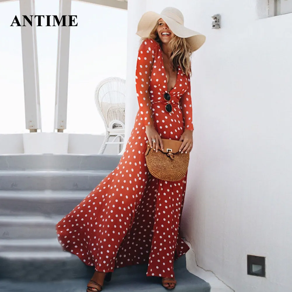 

Antime Polka Dot Long Dress Women High Split Sashes Lace Up Long Sleeve Sexy Deep V Neck Elegant Autumn Red Maxi Dress