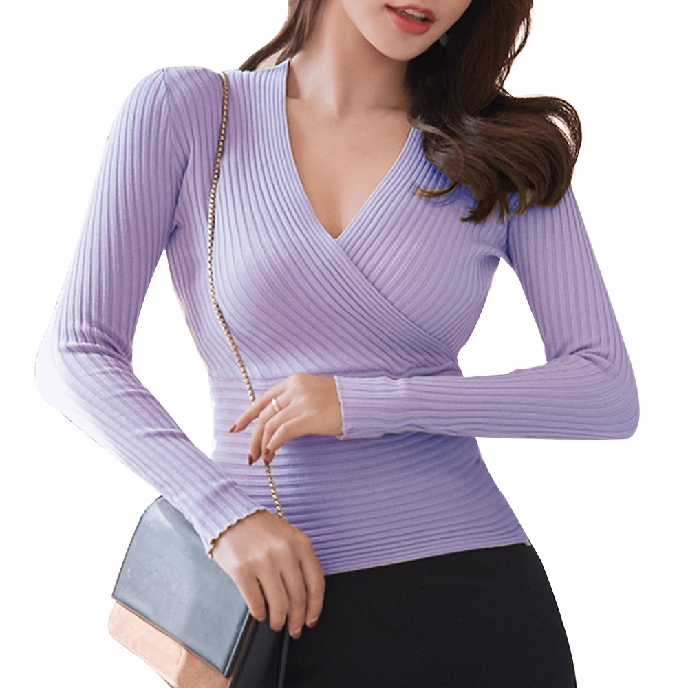 Light Purple Sfit свитер с глубоким v-образным вырезом Женский пуловер Повседневный тонкий приталенный свитер сексуальный женский эластичный хлопковый топ с длинным рукавом - Цвет: Light Purple