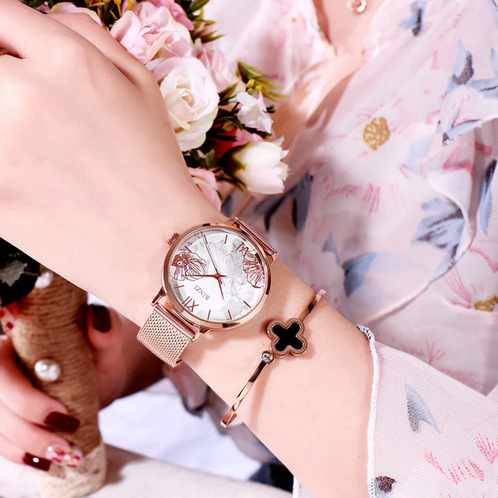 Розовое золото роскошные женские часы декоративный узор скрытая застежка женские часы женские подарки женски часы