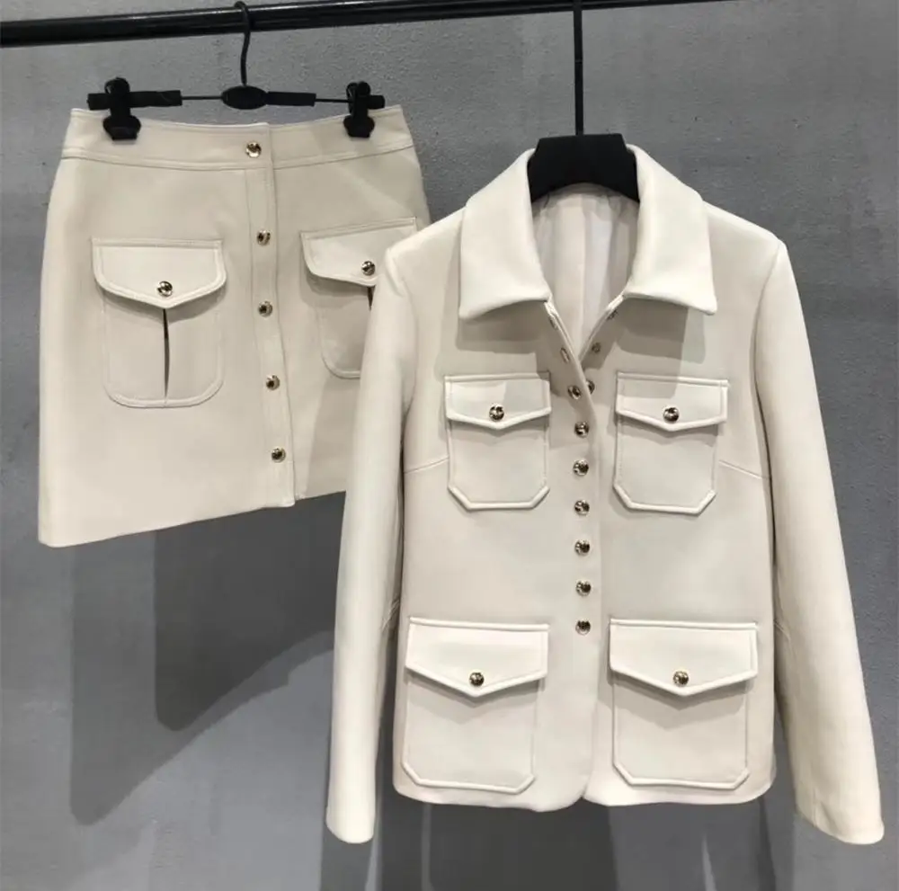 

Brand new High quality OL leather coat Fall/winter women sheepskin leather jackets Fashion white pockets real leather coat A787