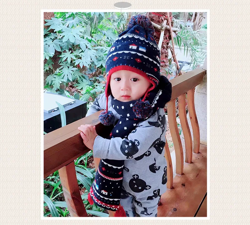 Winter Small House Jacquard Baby Boys Girls Ear Protection Beanie Knitted Children Hat Warm Cotton