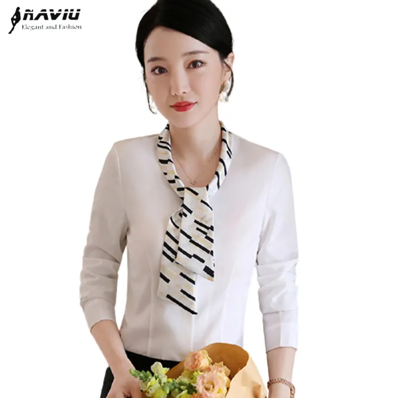 White Slim Bow Ribbons Professional Shirt Women Forml Autumn New Fashion Long Sleeve Chiffon Blouses Office Ladies Work Tops | Женская