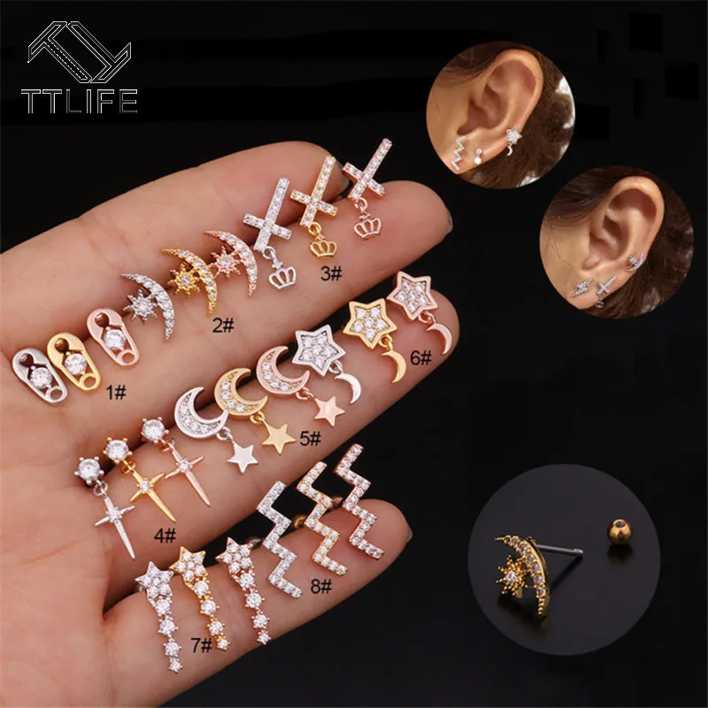

TTLIFE Pendant Piercing Earrings Flower Cartilage Stud Moon Star Heart Cross Flower Crown Helix Stud Earrings for Women Jewelry