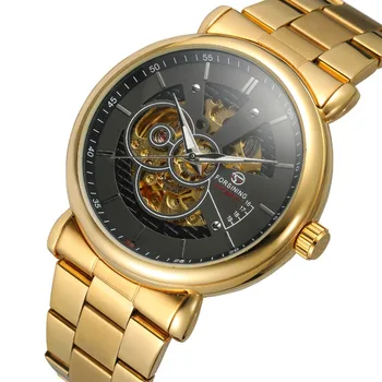 

FORSINING Men's Watch Gold Stainless Steel Transparent Automatic Mechanical Watch Skeleton Steampunk Clock Men Relogio Masculino