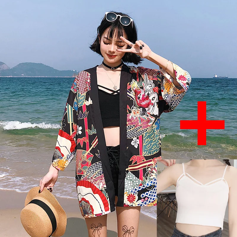 coat tube tops 22.1 Yukata женский кимоно кардиган Япония Кимоно Одежда Азия летняя рубашка с принтом рыбы Топ повседневные кимоно Kawaii кимоно костюм для косплея - Color: coat tube tops 22.1