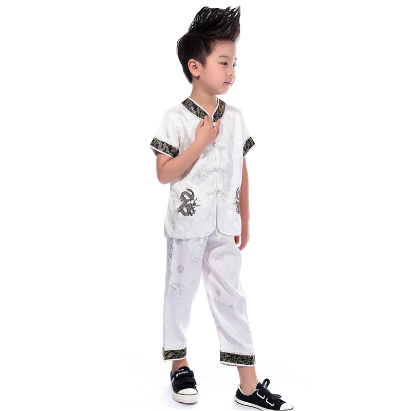 Детский Китайский традиционный костюм в стиле династии Тан кунг-фу Вышивка Дракон короткий рукав Мальчики Китай Мода Топ сценическая одежда - Цвет: White