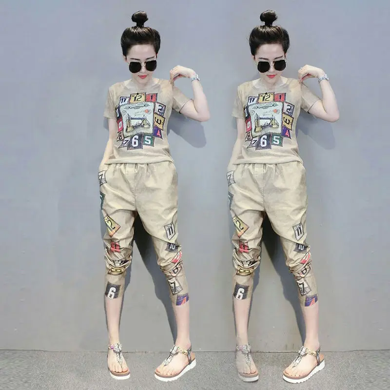 

Women 2 Pcs Tracksuit Spring Summer Letters Retro Print Stretched Blouses Tees Tops And Harem Pants Sets Suit Clothing Set NS715