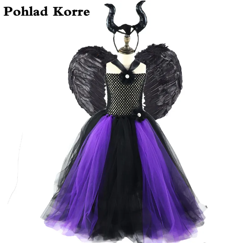 Детское платье-пачка для девочек, черный, фиолетовый, Maleficent, костюм для косплея на Хеллоуин, крылья, рог, принцесса, вечерние платья для девочек, XX0