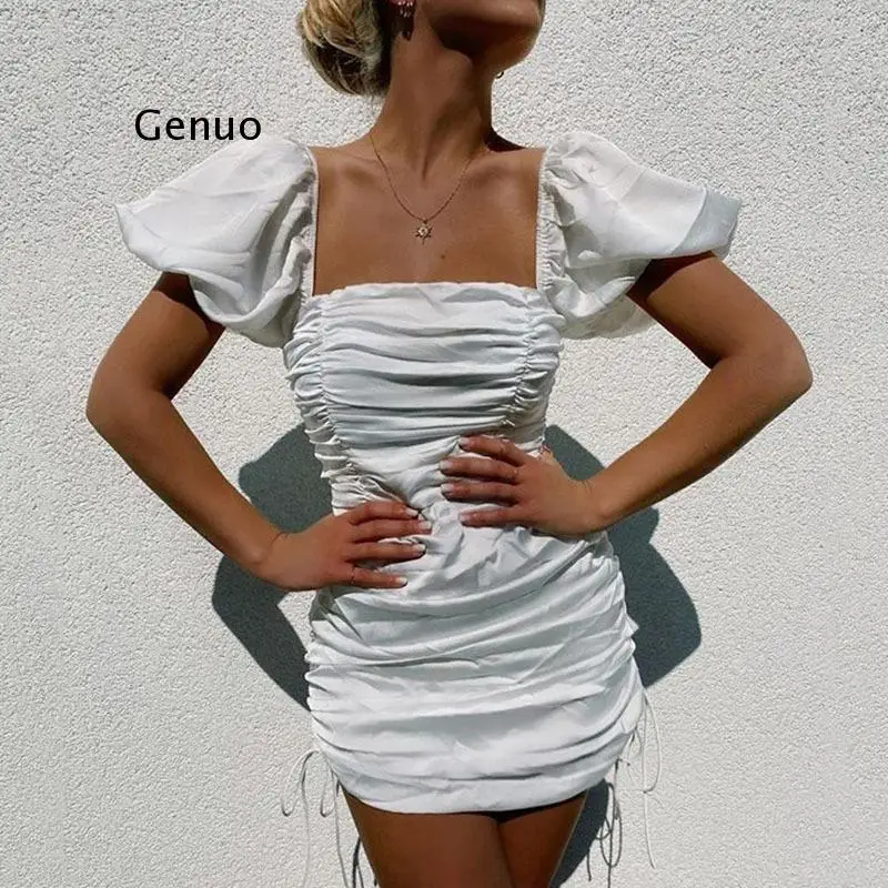 

Sexy Puff Sleeve Ruched Bandage Mini Dress Women Summer White Skinny Backless Dresses Solid Nightclub Bodycon Vestidos