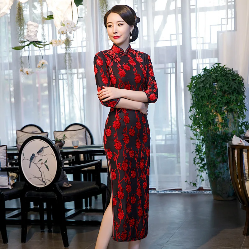 B Винтажное китайское традиционное женское велюровое цветочное Qipao Мандарин воротник Cheongsam Новинка китайское торжественное платье размера плюс 4XL 5XL - Цвет: B